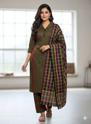 Unstitched Autumn Grace 3-Piece Suit (Green Red)