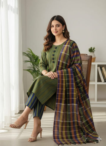 Unstitched Autumn Grace 3-Piece suit (Green Purple)