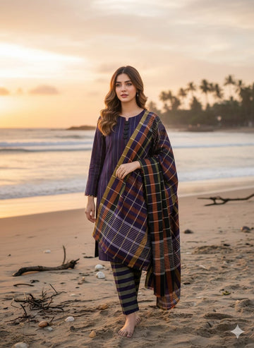 Unstitched Autumn Grace 3-Piece Suit (Purple Red Golden)